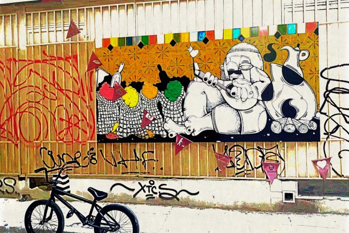 a bicycle is covered with graffiti