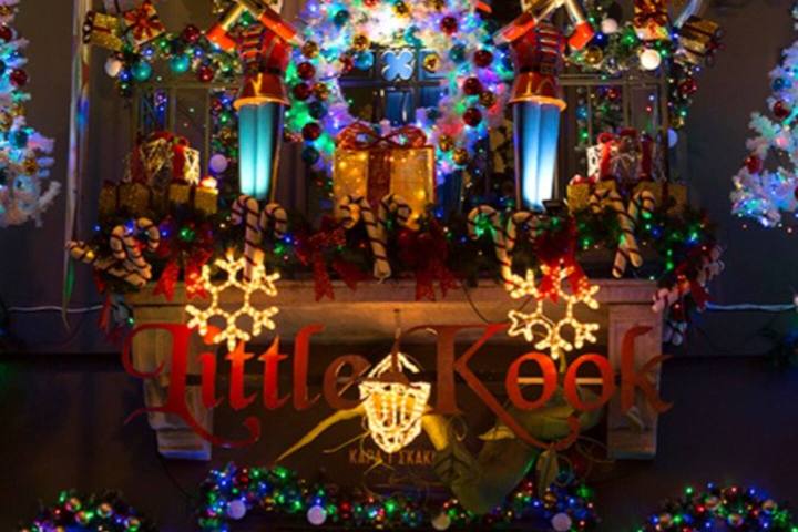 a christmas tree lit up at night